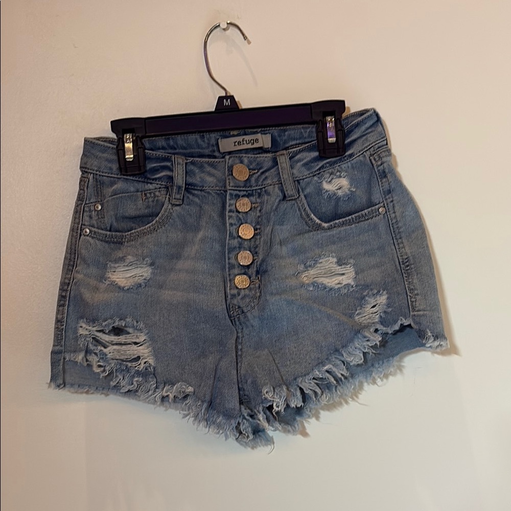 Refuge Blue Distressed Jean Shorts with Frayed Hem